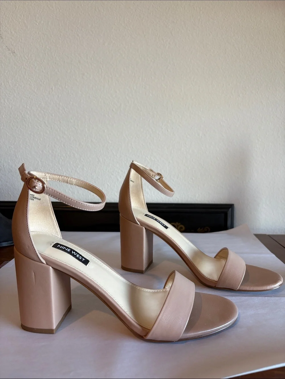 Nine West Beige Block Heel Sandals with Ankle Strap